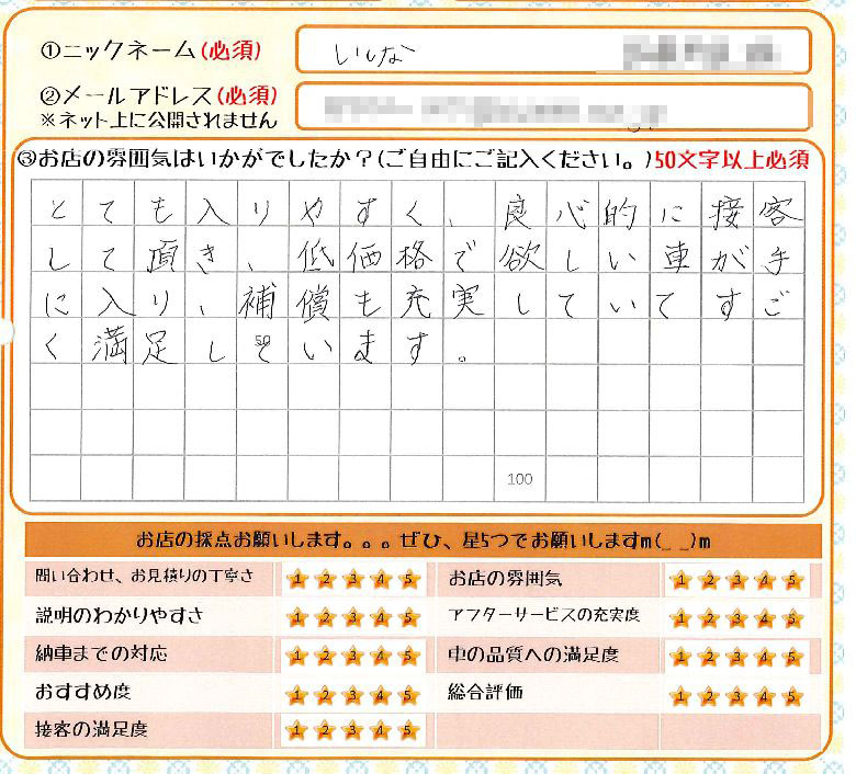 とても入りやすく、良心的に接客して頂き、低価格で欲しい車が手に入り、保証も充実していてすごく満足しています。